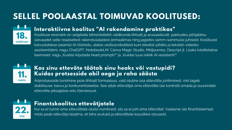 Hiiumaa Arenduskeskus on sellel poolaastal korraldamas mitmeid koolitusi. 18.02 Interaktiivne koolitus “AI rakendamine praktikas” (Vaata lisa ja registreeru koo